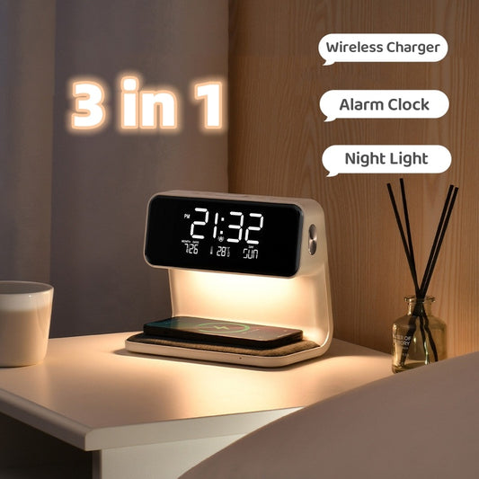 Creative 3-in-1 Bedside Lamp with Wireless Charging, LCD Alarm Clock